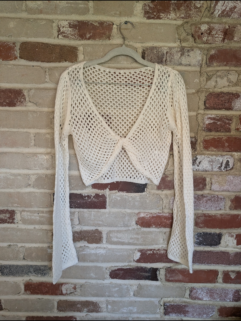 Open-Knit Cropped Twist-Front Sweater - Cream